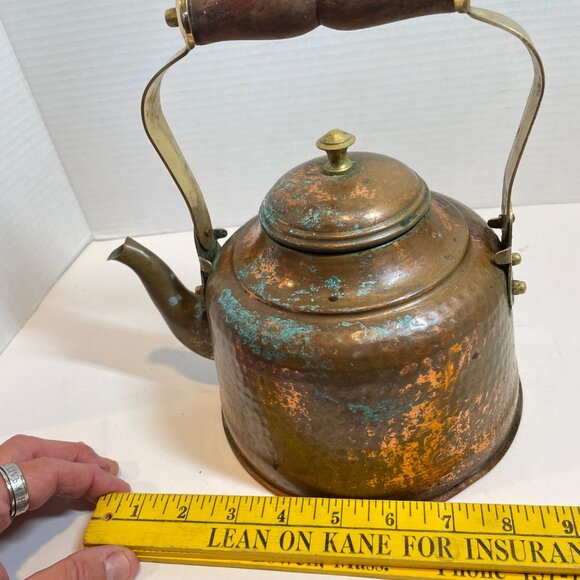 Antique Hand-Hammered Copper & Brass Kettle With Wooden Handle - Picture 11 of 11